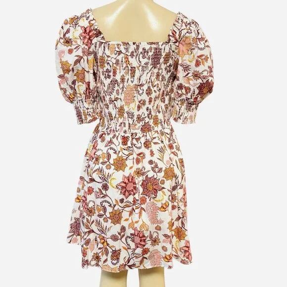 1.STATE REVOLVE Puff Sleeve‎ Smocked Mini Dress Fiesta Floral Batik Orange L - Picture 7 of 11